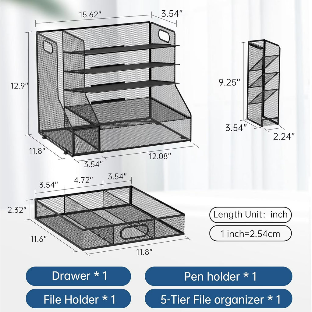 INTIGE Desk Organizer with File Holder, 5-Tier Mesh Paper Letter Tray Organizer with Pen Holder and Drawer, Desktop Organizer and Storage with 3 Tilted File Sorter, Black