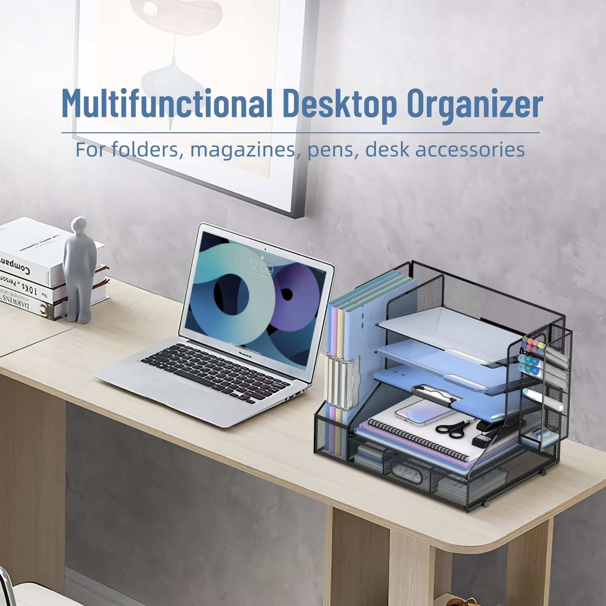 INTIGE Desk Organizer with File Holder, 5-Tier Mesh Paper Letter Tray Organizer with Pen Holder and Drawer, Desktop Organizer and Storage with 3 Tilted File Sorter, Black