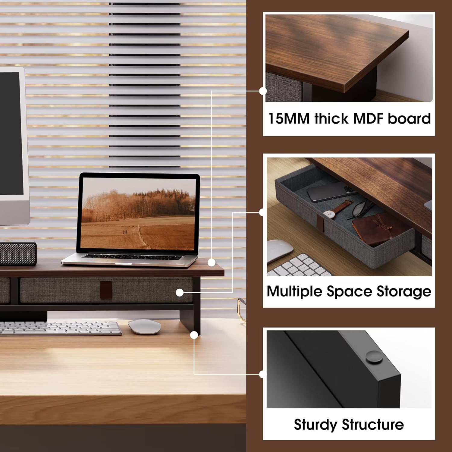 Monitor Stand with Drawer, 2 Tiers Dual Monitor Riser for Desk, 35 Inch Computer Stand for 2 Monitors, Desk Shelf for Home, Office, Laptop, PC, TV, Printer