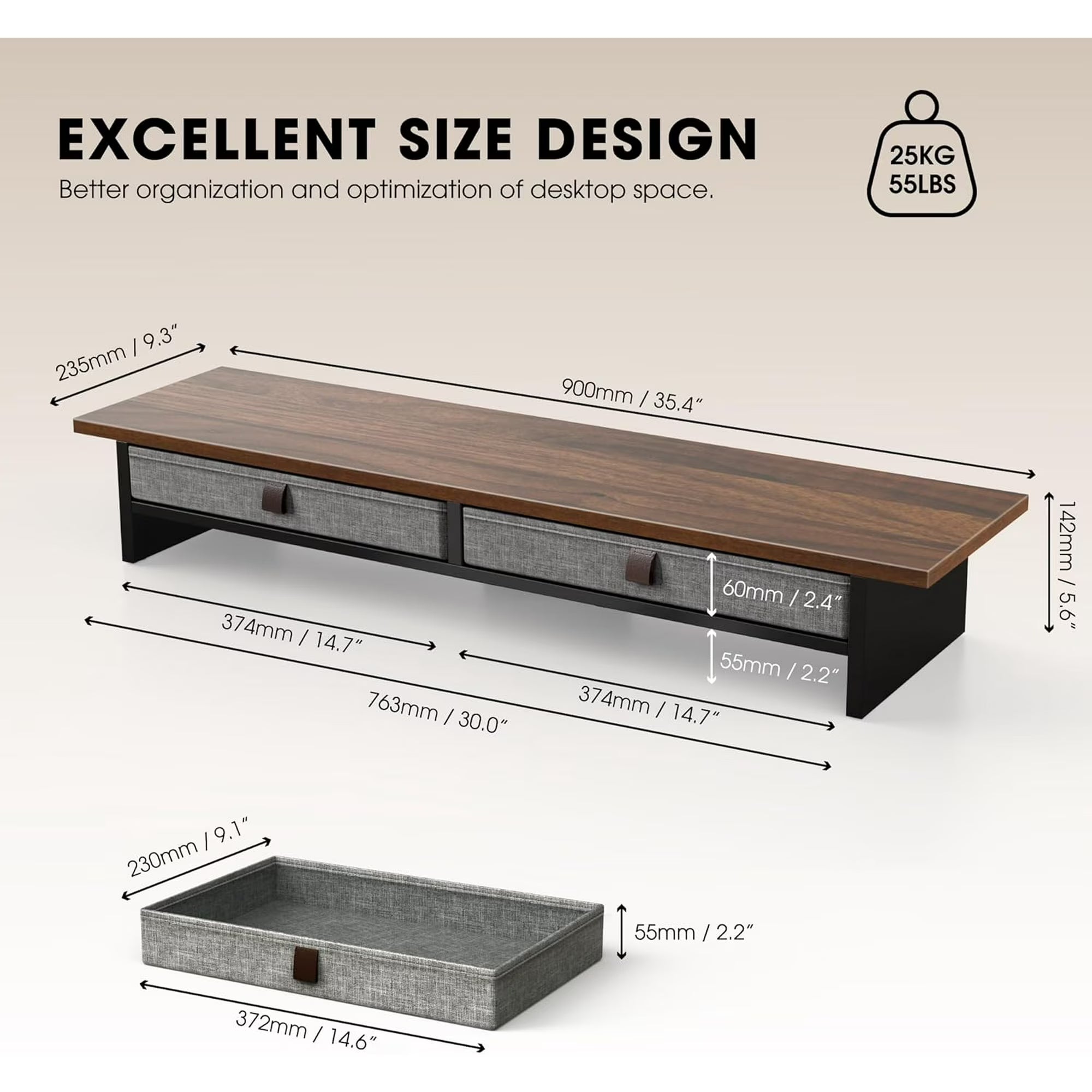 Monitor Stand with Drawer, 2 Tiers Dual Monitor Riser for Desk, 35 Inch Computer Stand for 2 Monitors, Desk Shelf for Home, Office, Laptop, PC, TV, Printer