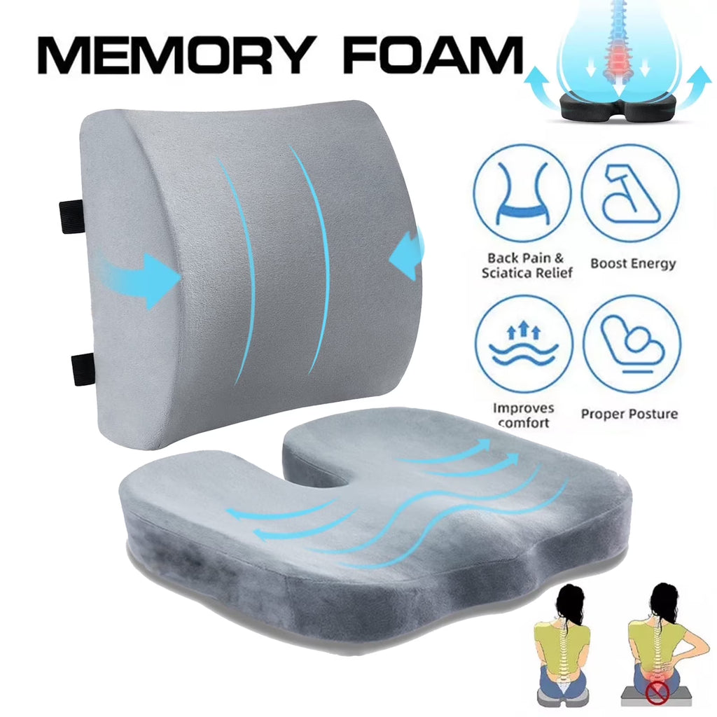 Coccyx Seat Cushion & Lumbar Support Pillow, Memory Foam Car Seat Cushion for Office Desk Chair Wheelchair, Help Relieve Pain of Back, Lumbar, Tailbone and Sciatic Nerve, with Washable Cover, Gray