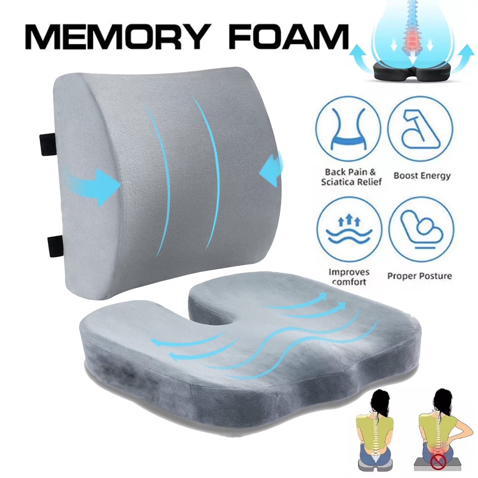 Coccyx Seat Cushion & Lumbar Support Pillow, Memory Foam Car Seat Cushion for Office Desk Chair Wheelchair, Help Relieve Pain of Back, Lumbar, Tailbone and Sciatic Nerve, with Washable Cover, Gray