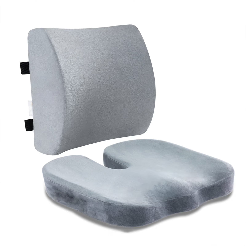 Coccyx Seat Cushion & Lumbar Support Pillow, Memory Foam Car Seat Cushion for Office Desk Chair Wheelchair, Help Relieve Pain of Back, Lumbar, Tailbone and Sciatic Nerve, with Washable Cover, Gray