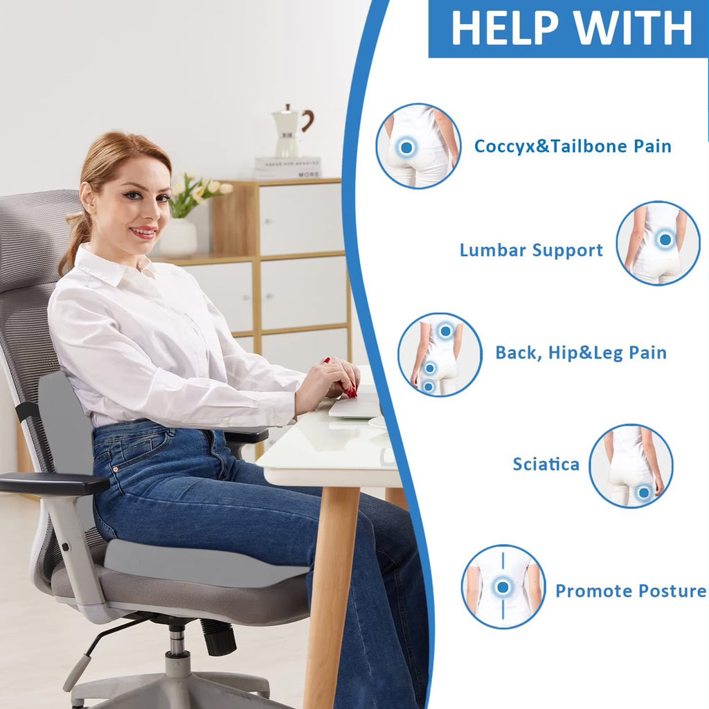Coccyx Seat Cushion & Lumbar Support Pillow, Memory Foam Car Seat Cushion for Office Desk Chair Wheelchair, Help Relieve Pain of Back, Lumbar, Tailbone and Sciatic Nerve, with Washable Cover, Gray