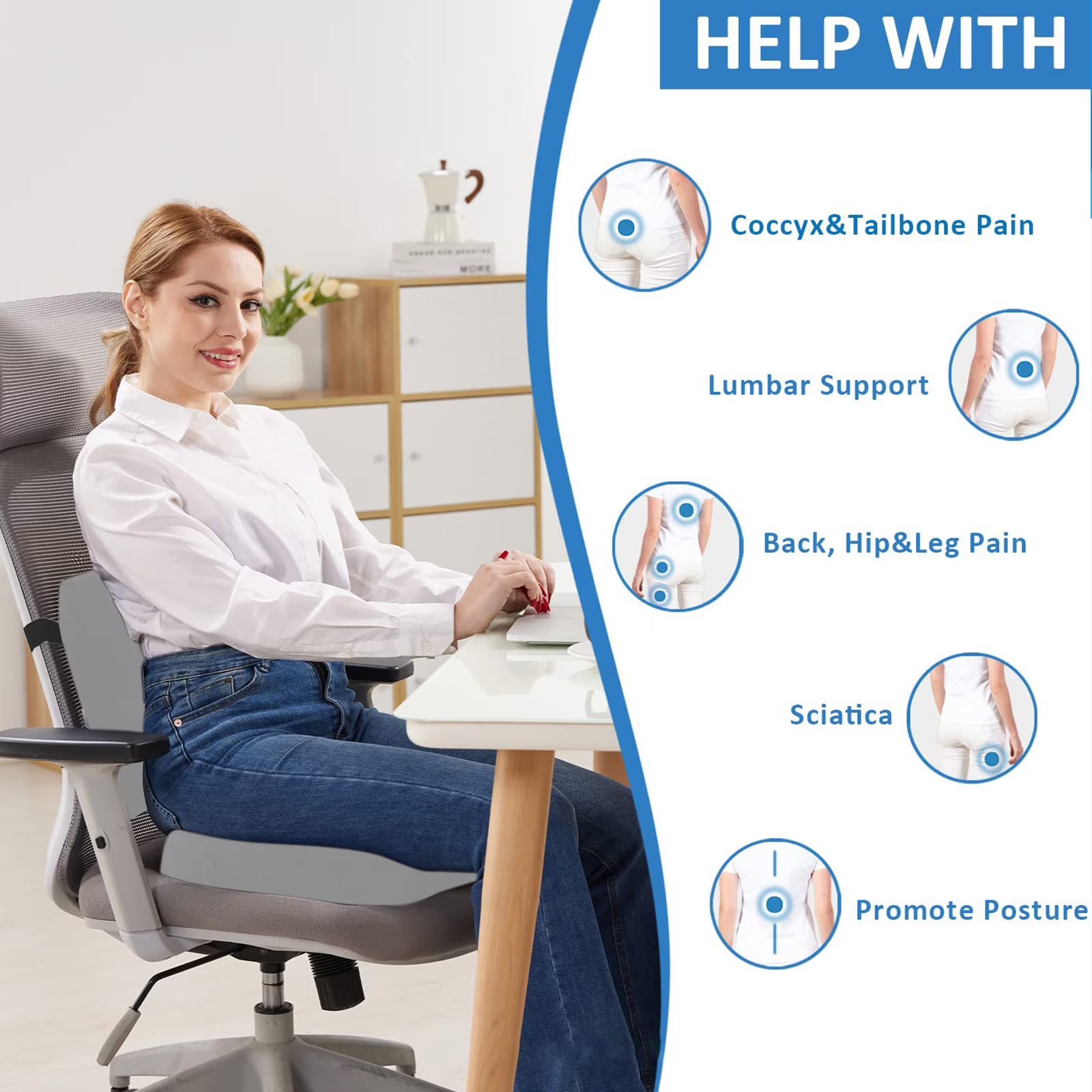 Coccyx Seat Cushion & Lumbar Support Pillow, Memory Foam Car Seat Cushion for Office Desk Chair Wheelchair, Help Relieve Pain of Back, Lumbar, Tailbone and Sciatic Nerve, with Washable Cover, Gray