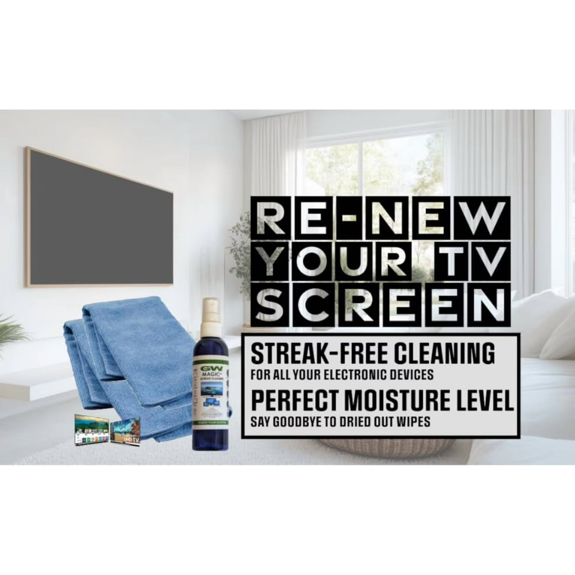GW Deluxe Magic Screen Cleaner Kit for Smart TV, Phone, Tablet, Laptop with 2 Premium Microfiber Cloths and Large Spray Bottle