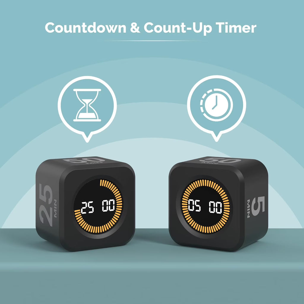 KADAMS Pomodoro Timer Cube, 5/10/25/50 Minute Countdown Timer, LED Display, Mute & Ring Alert