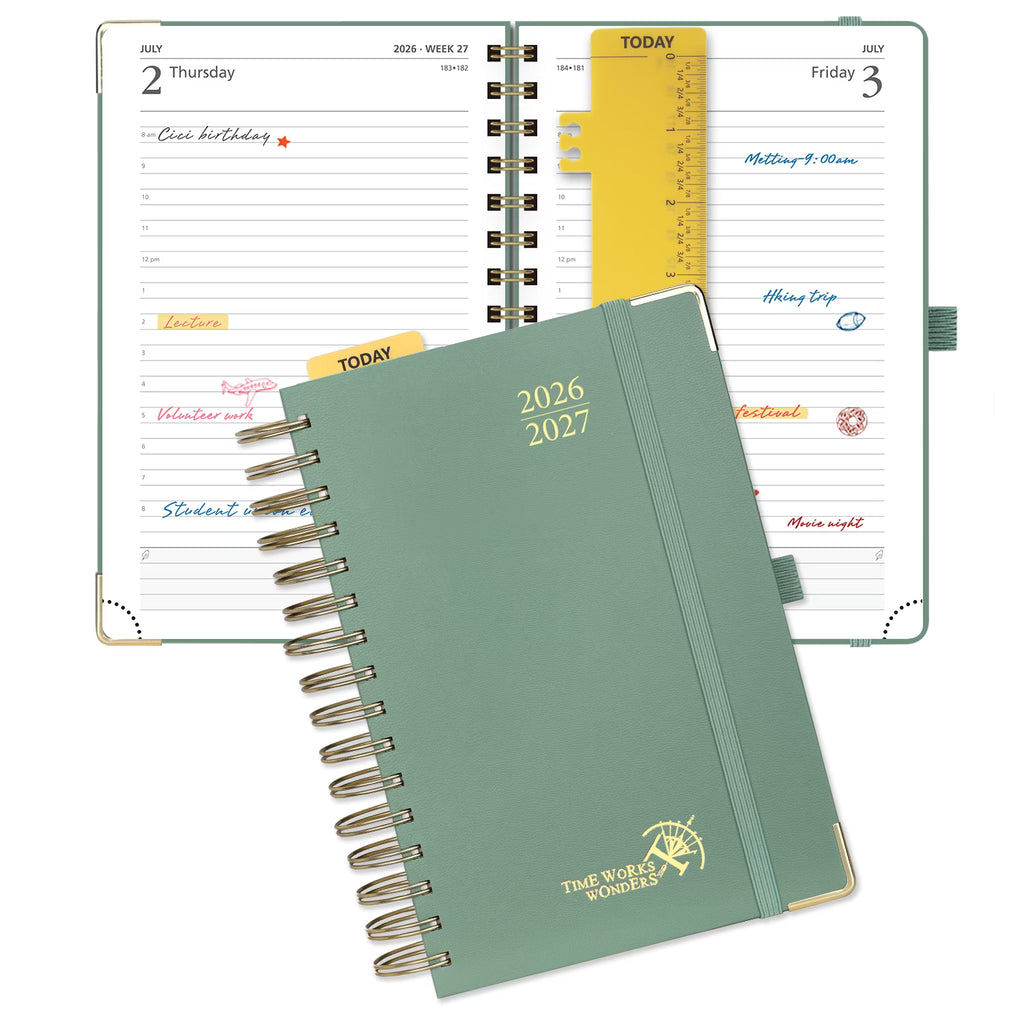 POPRUN 2026-2027 Daily Planner, 5.75" x 8.5", (Jul.26–Jun.27) Academic Calendar Book with One Page Per Day Planner, Spiral Hard Cover, Midnight Green
