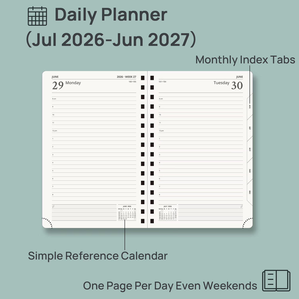 POPRUN 2026-2027 Daily Planner, 5.75" x 8.5", (Jul.26–Jun.27) Academic Calendar Book with One Page Per Day Planner, Spiral Hard Cover, Midnight Green