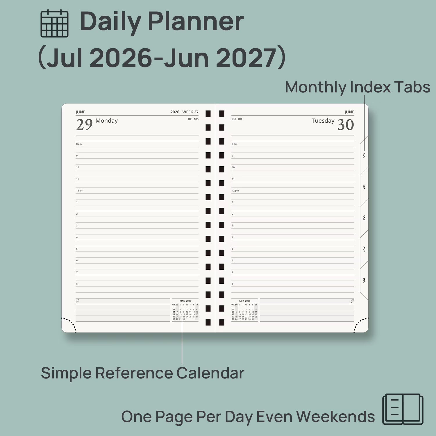 POPRUN 2026-2027 Daily Planner, 5.75" x 8.5", (Jul.26–Jun.27) Academic Calendar Book with One Page Per Day Planner, Spiral Hard Cover, Midnight Green