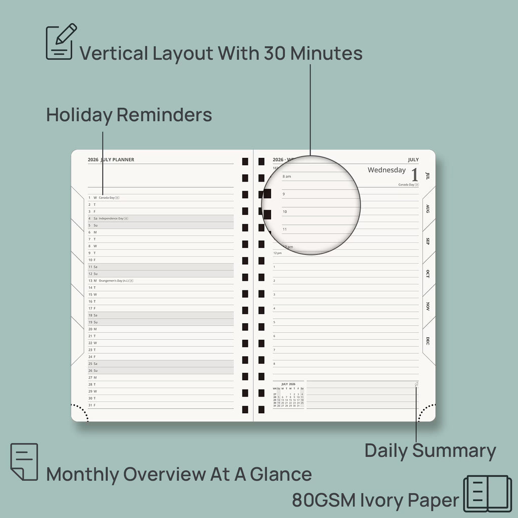 POPRUN 2026-2027 Daily Planner, 5.75" x 8.5", (Jul.26–Jun.27) Academic Calendar Book with One Page Per Day Planner, Spiral Hard Cover, Midnight Green