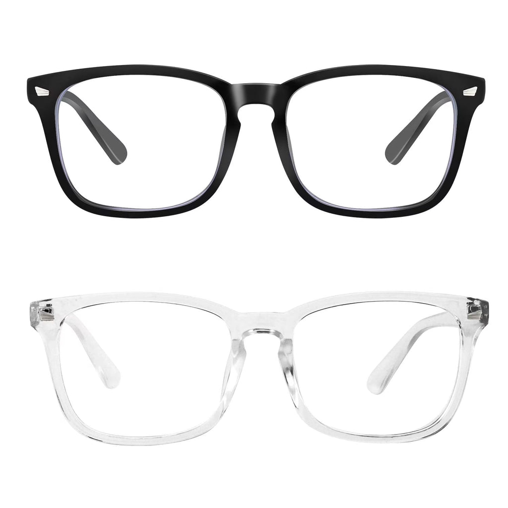 Rirool 2 Pack Blue Light Blocking Glasses, Computer Reading/Gaming/TV/Phones Glasses for Women Men, Anti Eyestrain & UV Glare Protection, Black + Clear