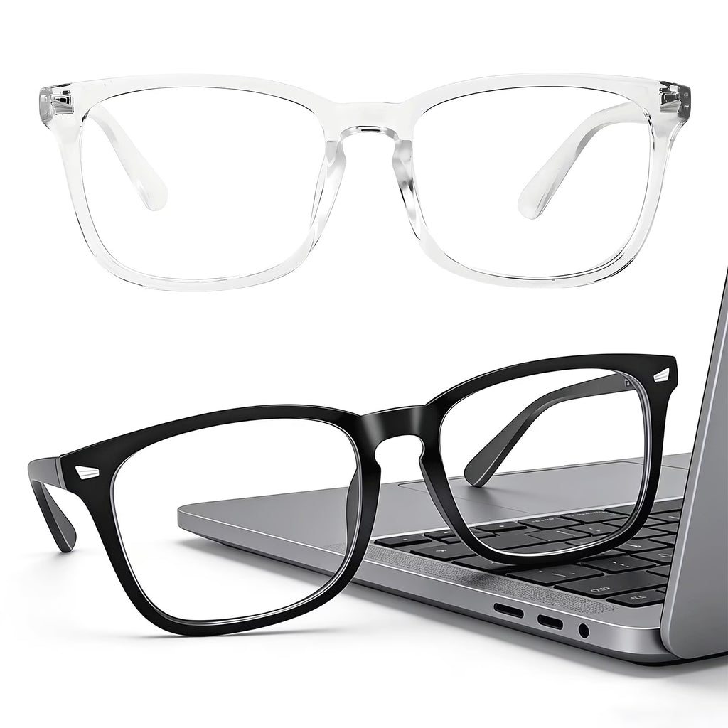 Rirool 2 Pack Blue Light Blocking Glasses, Computer Reading/Gaming/TV/Phones Glasses for Women Men, Anti Eyestrain & UV Glare Protection, Black + Clear