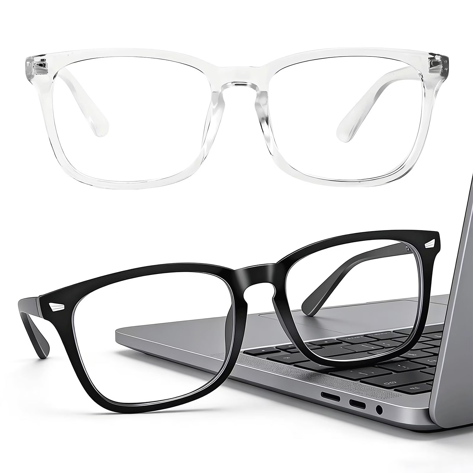 Rirool 2 Pack Blue Light Blocking Glasses, Computer Reading/Gaming/TV/Phones Glasses for Women Men, Anti Eyestrain & UV Glare Protection, Black + Clear